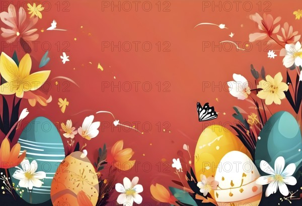 Abstract illustration of a Easter card with delicate colorful hand-drawn illustrations, empty space