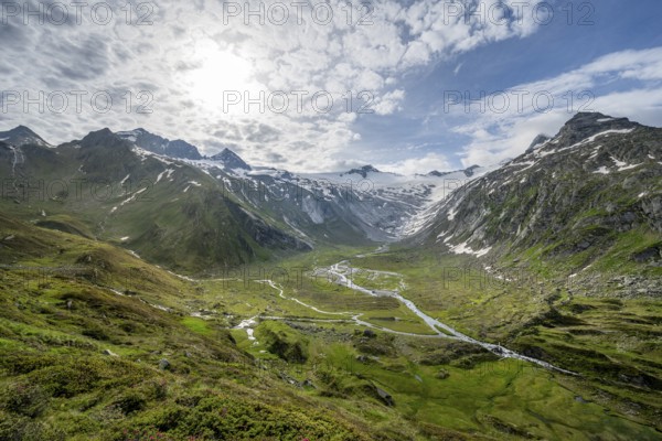 Picturesque mountain landscape, mountain summit with snow and glacier Schwarzensteinkees, summit