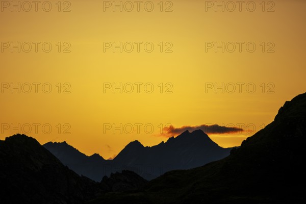 Sunrise over Montafon mountains, Tschagguns, Rätikon, Montafon, Vorarlberg, Austria, Europe