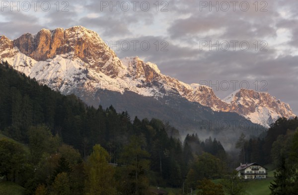 Mountain peak Berchtesgadener Hochthron at sunrise, mountain landscape with snow in autumn,