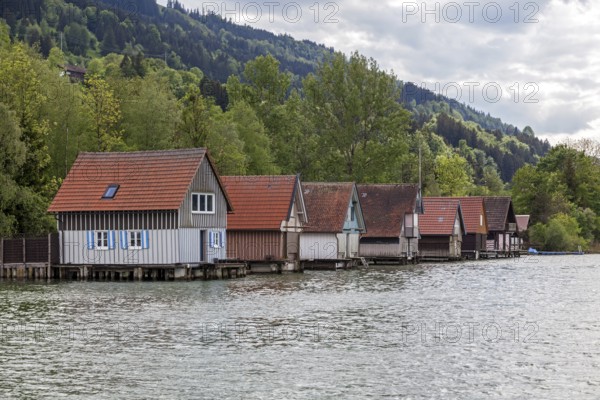 Boathouses in Bühl, Großer Alpsee, near Immenstadt, Oberallgäu, Allgäu, Bavaria, Germany, Europe