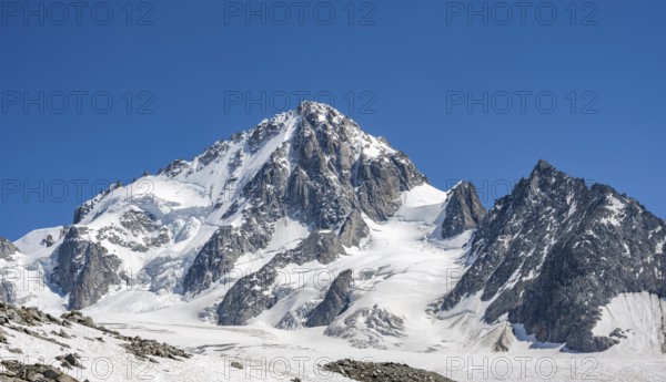 High alpine mountain landscape, Glacier du Tour, glacier and mountain peak, summit of the Aiguille