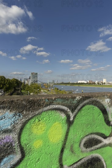 Panorama from the graffiti painted south bridge over the southern Rheinau harbour, the Rhine and