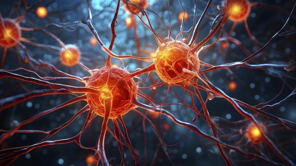 Abstract microscopic view on nerve cells intermingled with cancer cell, AI generated