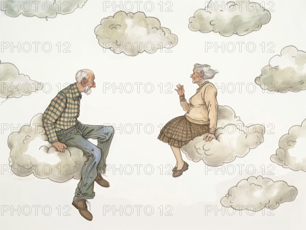 A caricature, illustration of an elderly couple sitting on clouds, cheerful idea of the afterlife,