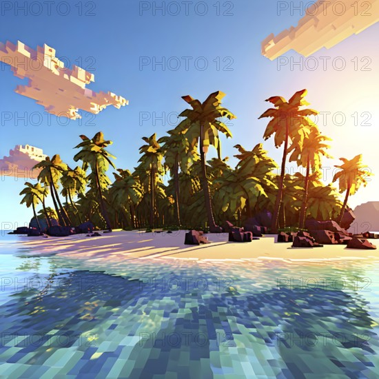 Pixel art illustration of a tropical island paradise with palm trees and sandy beach, AI generated
