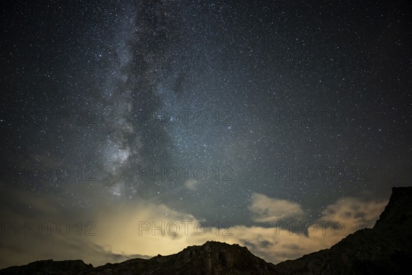 Milky Way and starry sky with Montafon mountains, Tschagguns, Rätikon, Montafon, Vorarlberg,