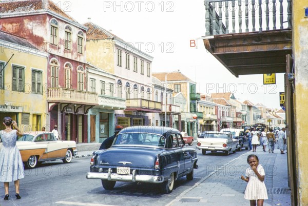 Historic buildings in a street in the historic centre of Willemstad, Curacao, Dutch Caribbean,