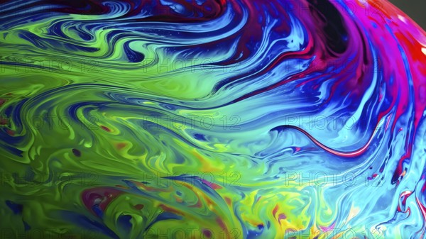 Dynamic abstract background with swirling liquid patterns and colorful light refraction, creating a
