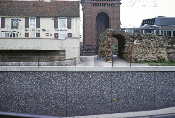 Modern road subway, Hole in the Wall pub, Roman wall, Jumbo water tower, Colchester, Essex,