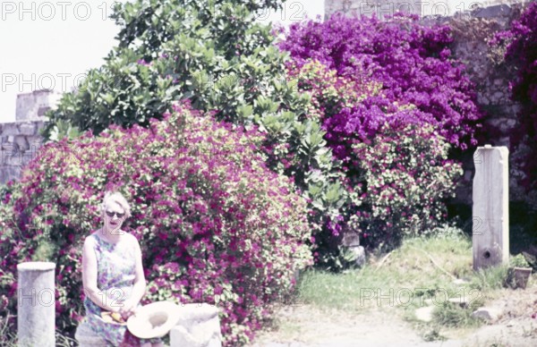 Woman sitting by flowering bougainvillea plants, Kos, Greece 1970s
