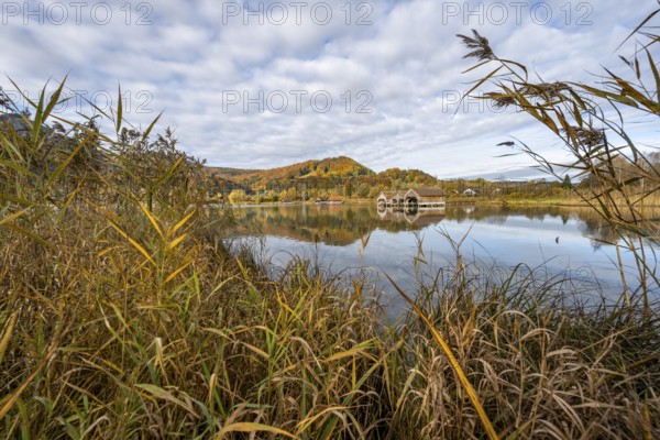 Autumn landscape on the shore of Lake Lake Kochel, boat huts in the lake, autumn mountain landscape