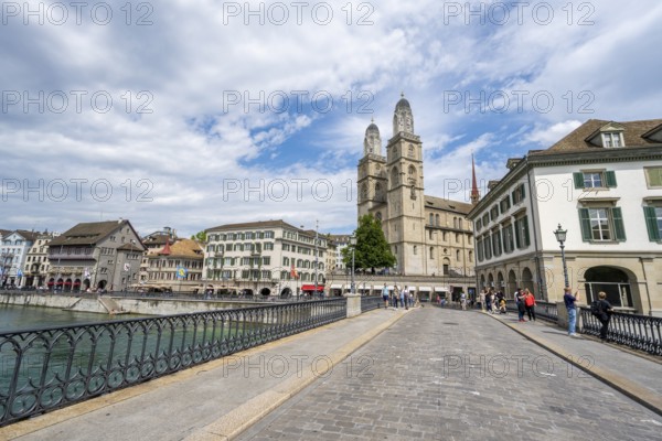 Münsterbrücke and Grossmünster, historic bridge over the Limmat, Old Town, Zurich, Switzerland,