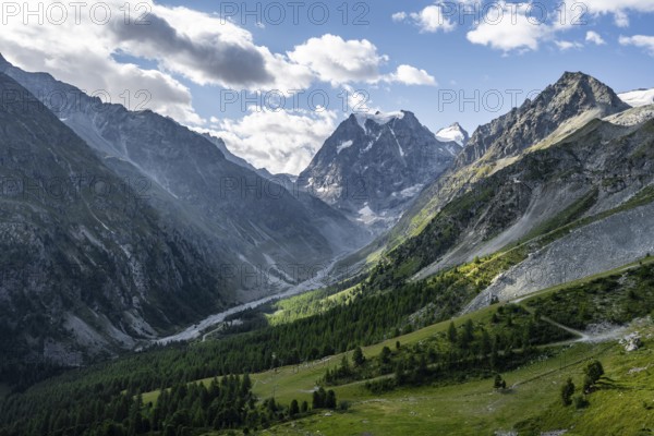 Mountain landscape near Arolla, behind mountain peak Mont Collon, Valais, Western Alps Switzerland