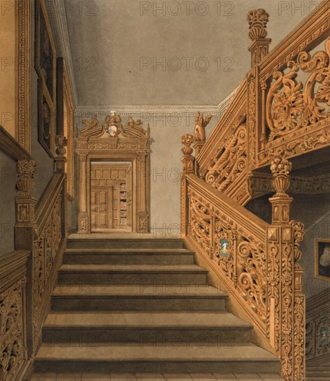 Staircase at Blithfield, country house in Staffordshire, England, digitally restored reproduction
