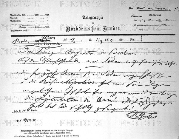 A telegraph of the North German Confederation, the victory dispatch from King Wilhelm to Queen