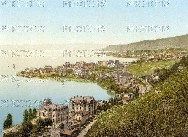 Montreux and Clarens, Geneva Lake, Switzerland, Historic, digitally restored reproduction from a