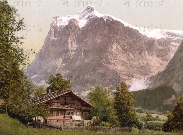 Grindelwald, Chalet und Wetterhorn, Bernese Oberland, Switzerland, Historic, digitally restored