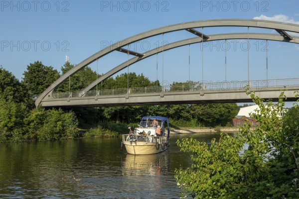 Boat, bridge, Mittellandkanal, Hanover, Lower Saxony, Germany, Europe