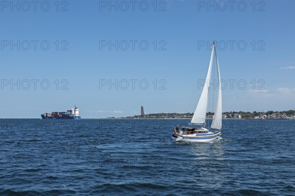 Container ship, sailing boat, naval memorial, Laboe, Schleswig-Holstein, Germany, Europe