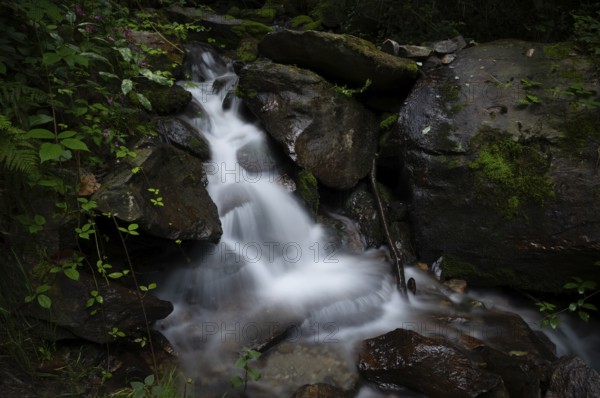Waterfall on the Schenner Waalweg, Neuwaal, stream, long exposure, Schenna, Scena, South Tyrol,