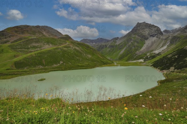 The Riffelsee lake in the Pitztal valley, in the background the Hohe Kogel (3042 m), Tyrol,