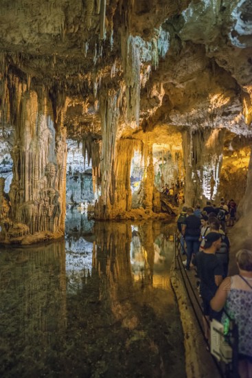 Huge stalactites and underground lake, stalactite cave, Grotta di Nettuno, Neptune Grotto, Capo