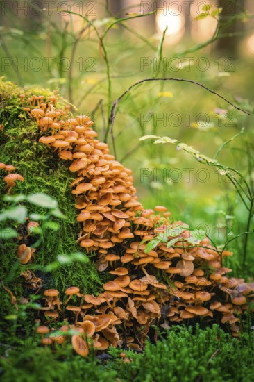 A large number of small brown mushrooms growing close together on a moss-covered tree trunk, Calw,