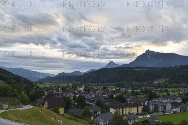 The village of Öblarn in the Enns Valley, with the Stoderzinken mountain in the background, Styria,