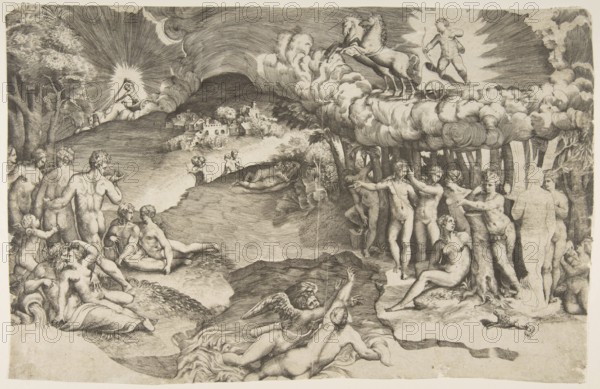 The Triumph of Love, Cupid riding on a chariot drawn by a unicorn, can be seen at top right, nude