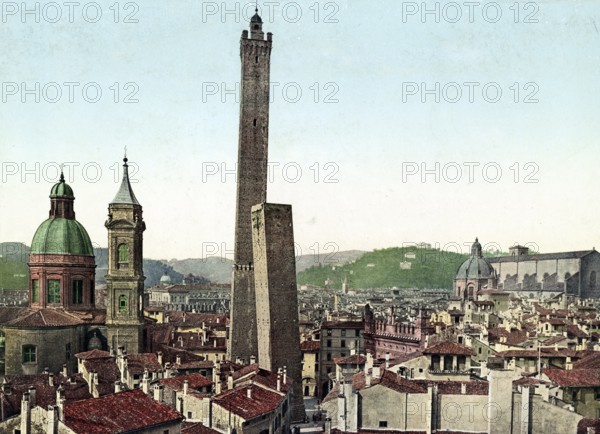 The two leaning towers Garisenda and Asinelli in Bologna, Italy, 1890, Historical, digitally