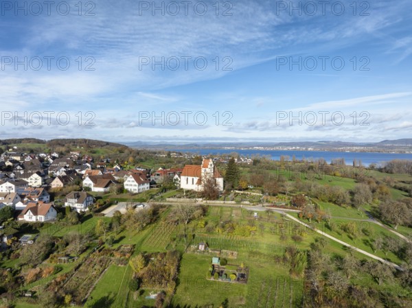 Aerial view of the municipality of Horn on the Höri peninsula with the church of St. Johann and