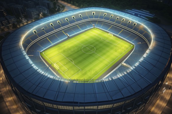 Aerial bird eye top view of a soccer football field stadium in night, AI generated