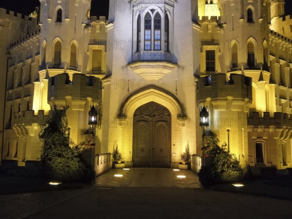 Illuminated castle at night. Hluboká is a historic château situated in Hluboká nad Vltavou. and is