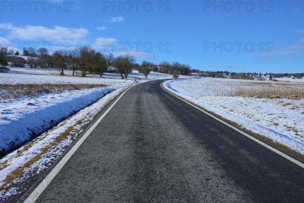 An empty country road leads through a wintry landscape with snow-covered trees and blue sky,