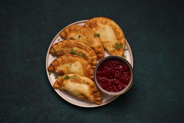 Fried mini pasties, with red sauce, top view, close-up, no people, selective focus