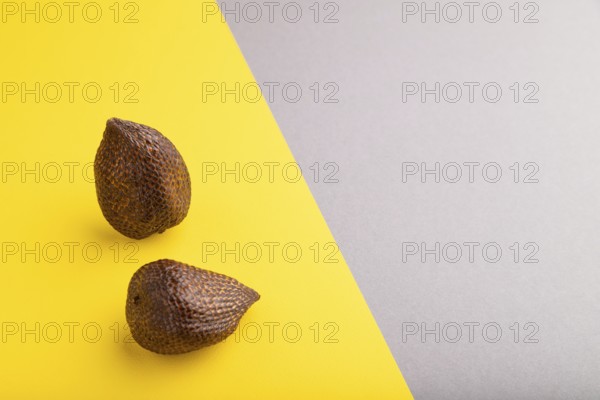 Salak or snake fruit on gray and yellow pastel background. Side view, copy space. Tropical, healthy