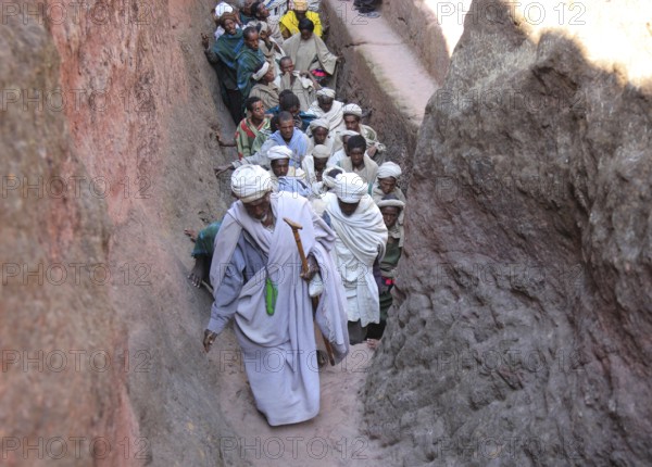 Rock churches of Lalibela, pilgrims on the way between the rock churches, Ethiopia, Africa