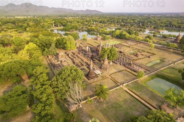 The central Buddhist temple Wat Mahathat seen from the air, UNESCO World Heritage Sukhothai