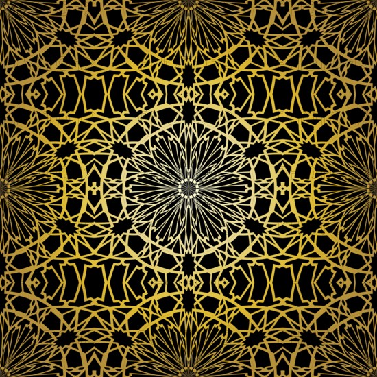 Geometric gold lace seamless pattern. Arabic tile lattice vector background.