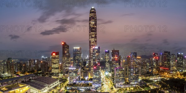 Skyline with skyscrapers city centre Futian district panorama at night in Shenzhen, China, Asia