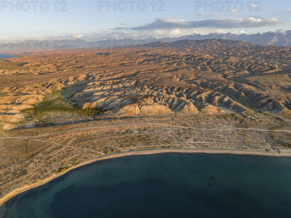 Aerial view, landscape at Lake Issyk Kul, Kyrgyzstan, Asia