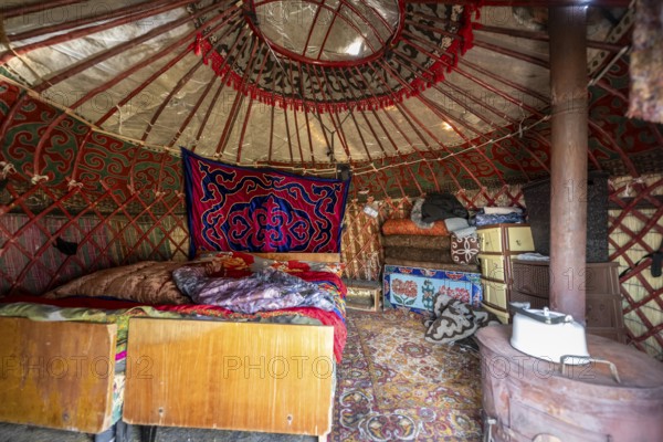 Interior photo, traditional yurt, Kyrgyzstan, Asia