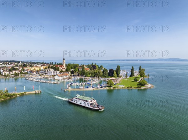 Harbour area, ferry port, yacht harbour, marina of Romanshorn with Seepark and the departing ferry