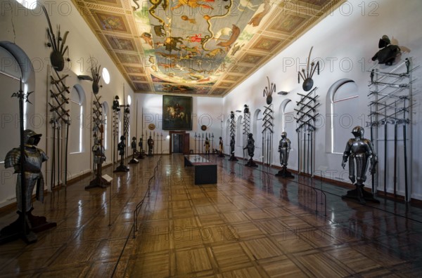 Baroque armoury, museum, Renaissance Ambras Castle, interior view, Innsbruck, Tyrol, Austria,
