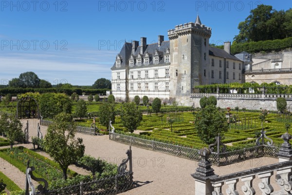 Historic castle surrounded by an overgrown garden with hedges and well-tended paths, Villandry