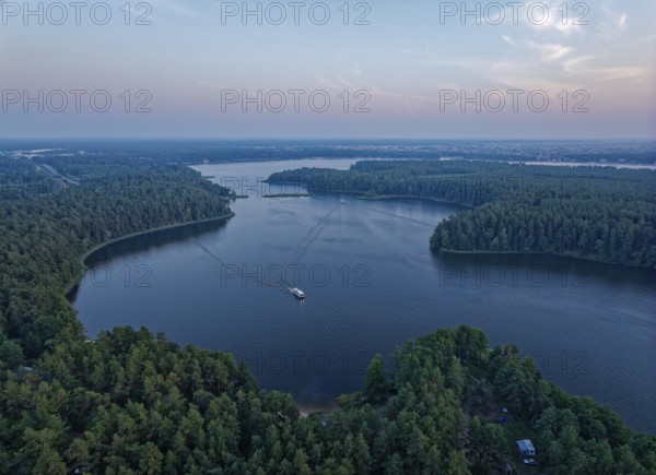 Aerial view of Lake Rospuda in the evening in northern Poland. Augustow, Podlaskie, Poland, Europe