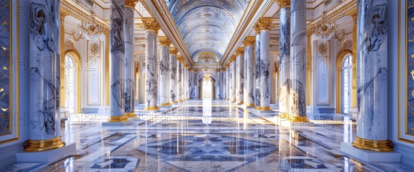 Royal palace decorated with marble and gold. Luxury expensive columns and ornaments in royal style,