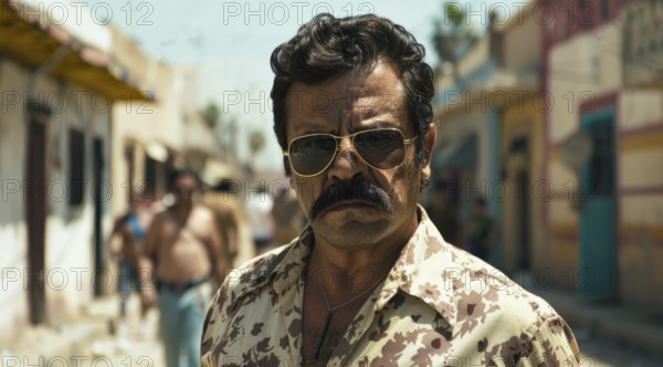 Mexican drug lord criminal and cartel operative. Concept of criminal life and corruption, AI
