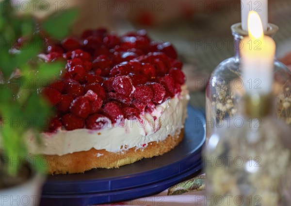 A decorative raspberry cake with cream and candlelight that creates a romantic atmosphere